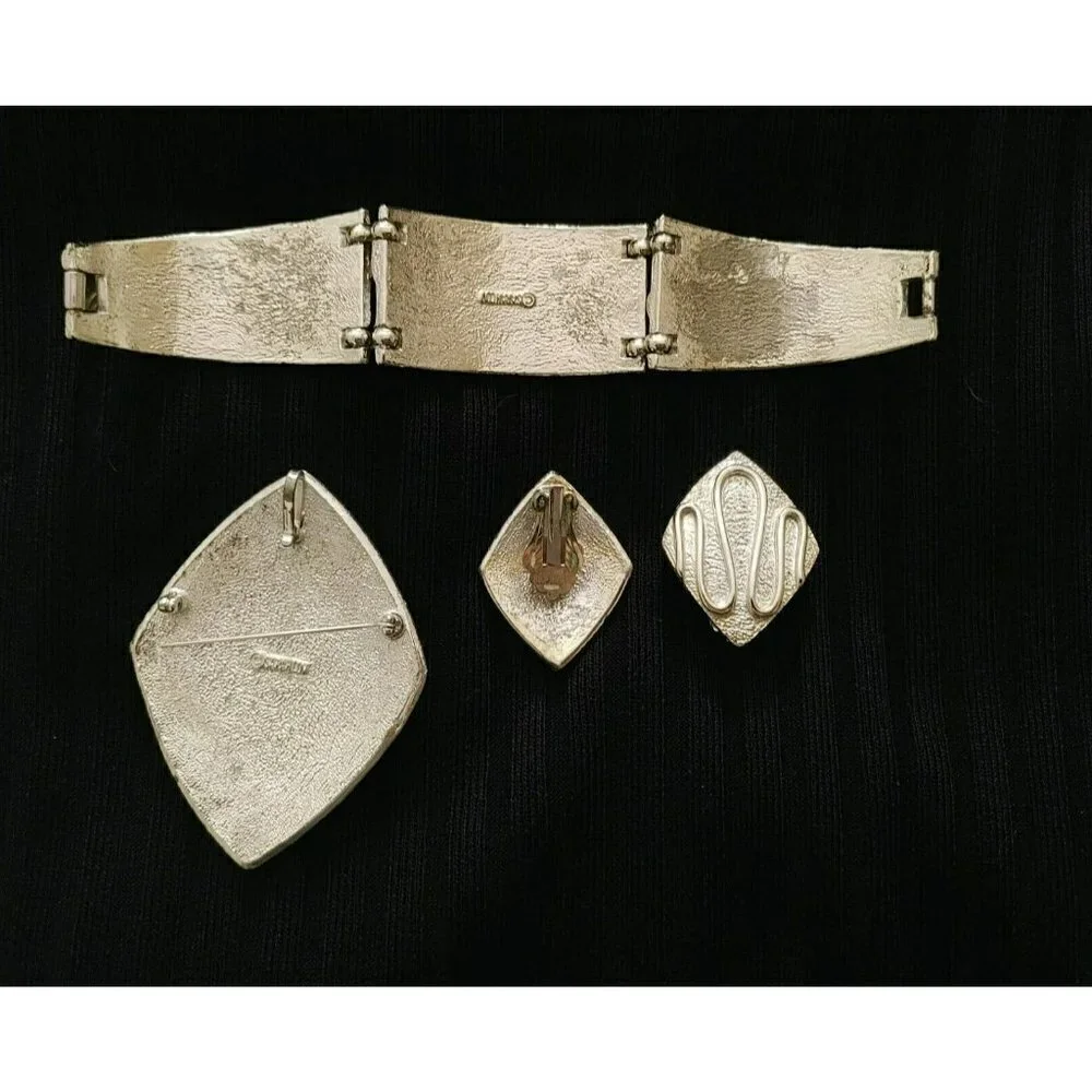 Vintage Sarah Coventry 3 Piece Silver Panel Bracelet Pendant/Pin Clip Earrings